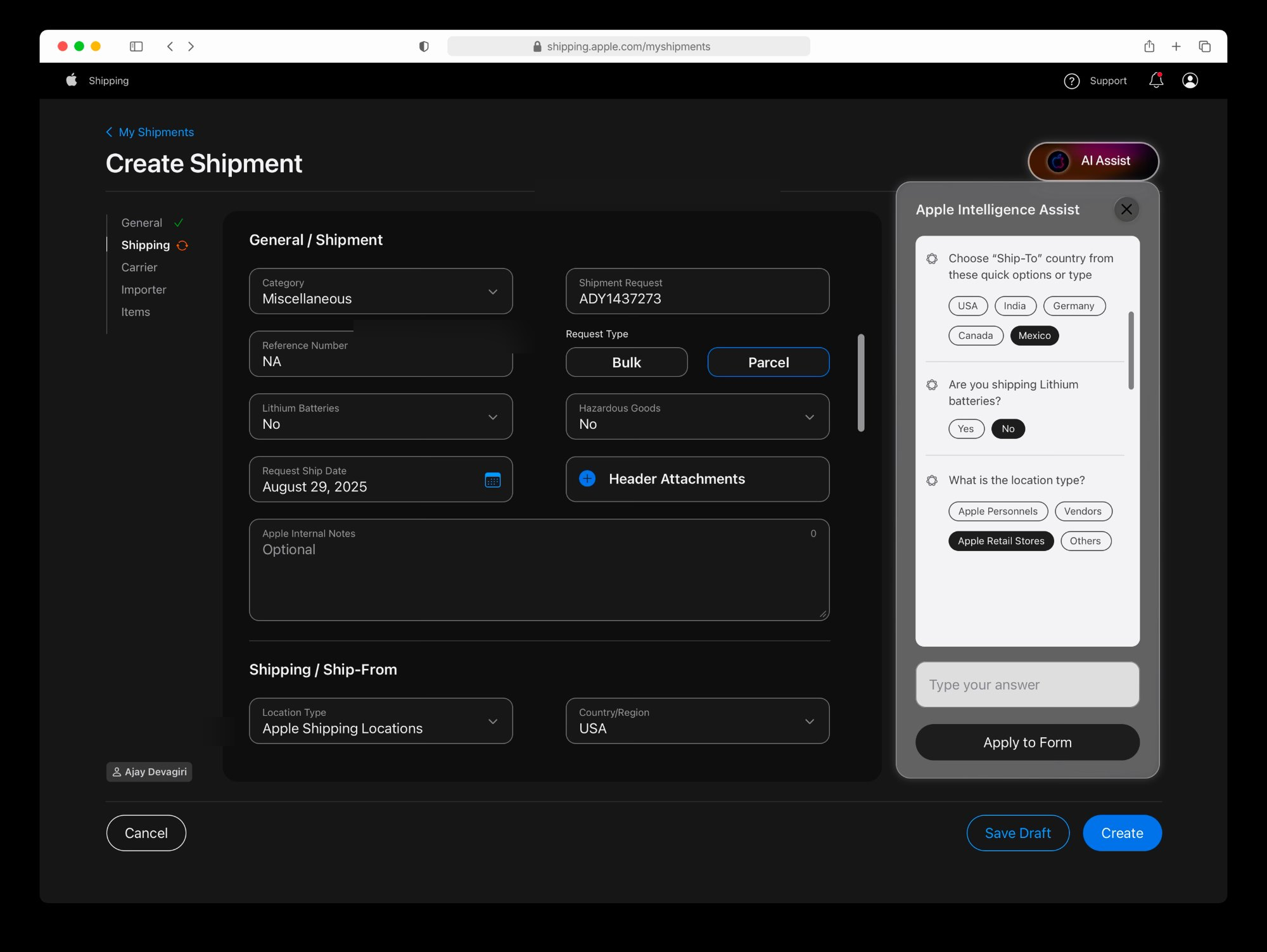 Create Shipment form with Apple Intelligence Assist panel open