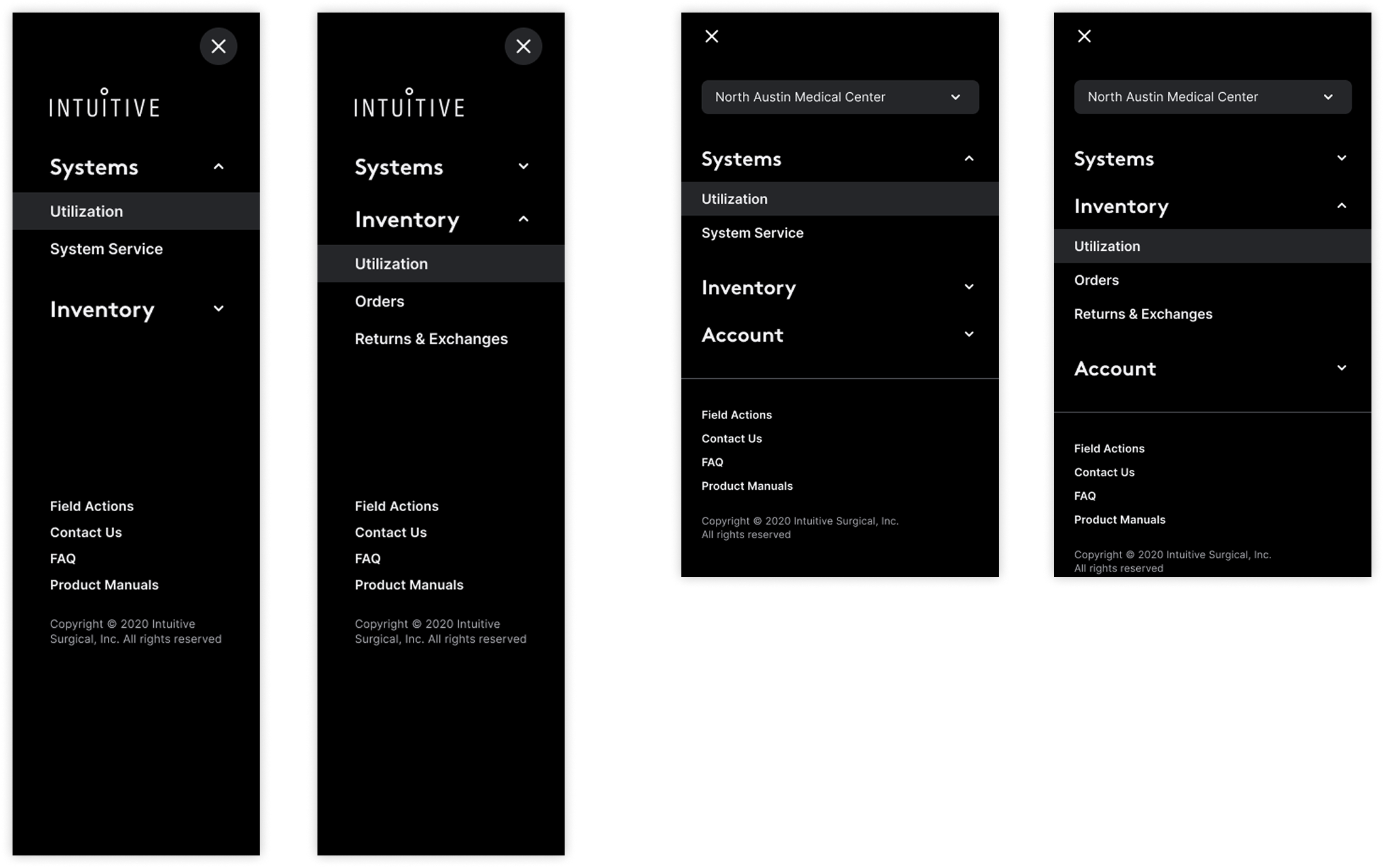 Mobile navigation redesign showing four progressive states — from collapsed to fully expanded with hospital context