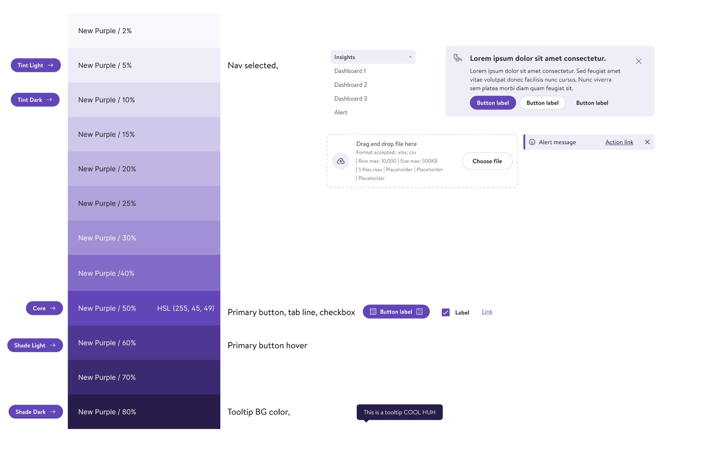 Color token scale and component examples including navigation, modal, file upload